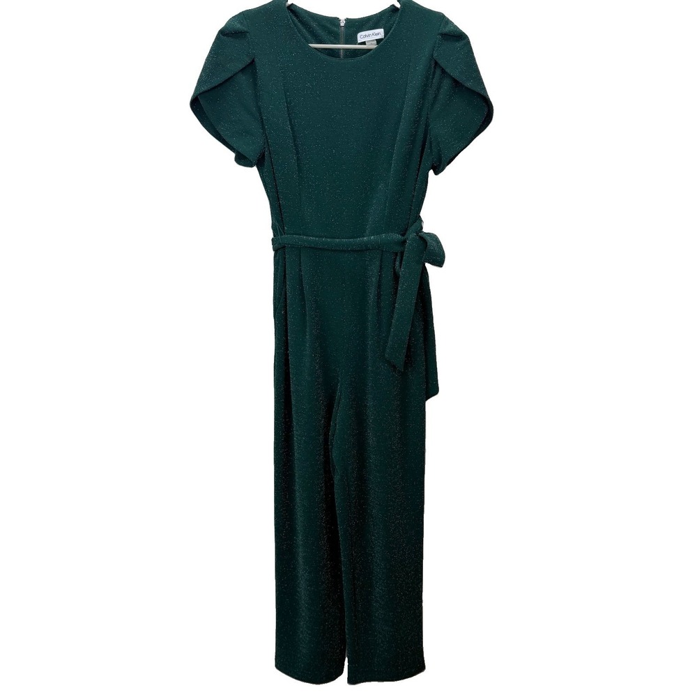 Calvin Klein Green Glitter Tulip Sleeve Belt Stretch Crop Jumpsuit Pockets 10 - Picture 3 of 11
